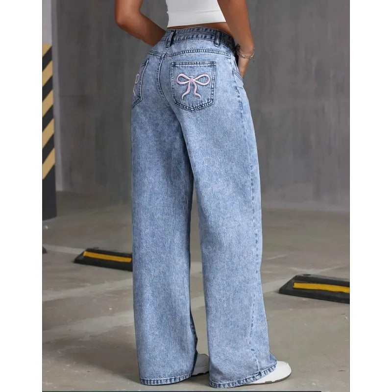 Denim Wide Leg Jeans High waisted  Bow Embroidered Pocket Wide Leg Jeans  Fashionable Women's Trousers Casual Style Denim Wide Leg Jeans High waisted  Bow Embroidered Pocket Wide Leg Jeans  Fashionable Women's Trousers Casual Style