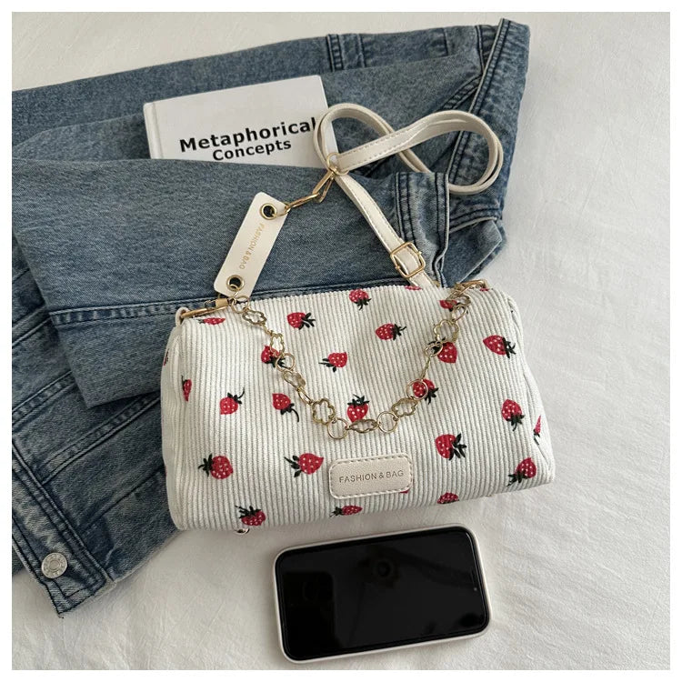 Strawberry Printed Crossbody Mini Bags Corduroy Fresh Ins Style Underarm Bag Refined Female Student Travel Shoulder Bag