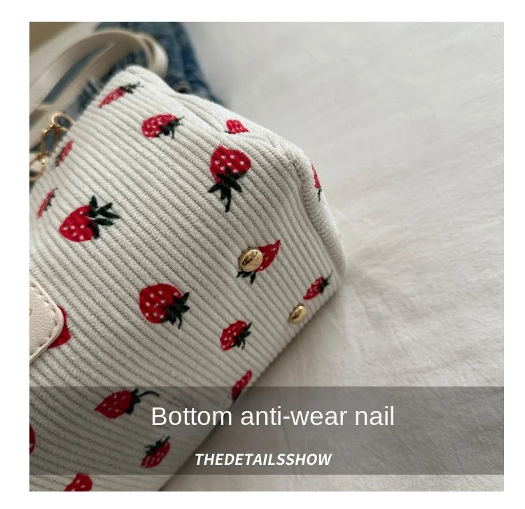 Strawberry Printed Crossbody Mini Bags Corduroy Fresh Ins Style Underarm Bag Refined Female Student Travel Shoulder Bag