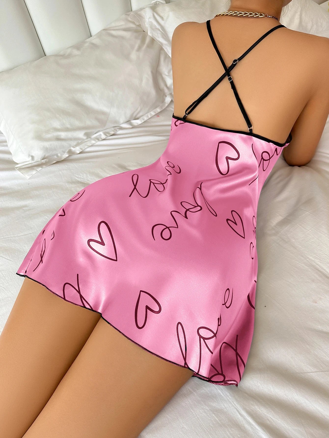 Women Summer Sexy Pajamas Sling Nightdress Open Back Criss Cross Sleep Dress Elegant Romantic Heart Print Sleeveless Sleepwear Women Summer Sexy Pajamas Sling Nightdress Open Back Criss Cross Sleep Dress Elegant Romantic Heart Print Sleeveless Sleepwear