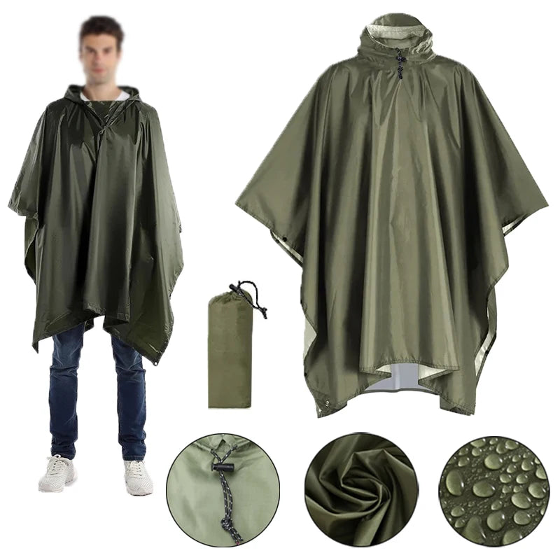 3 In 1 Outdoor Military Raincoat Hooded Sleeve Waterproof Rain Poncho Motorcycle Rain Cover Camping Hiking Travel Rainwear Tent