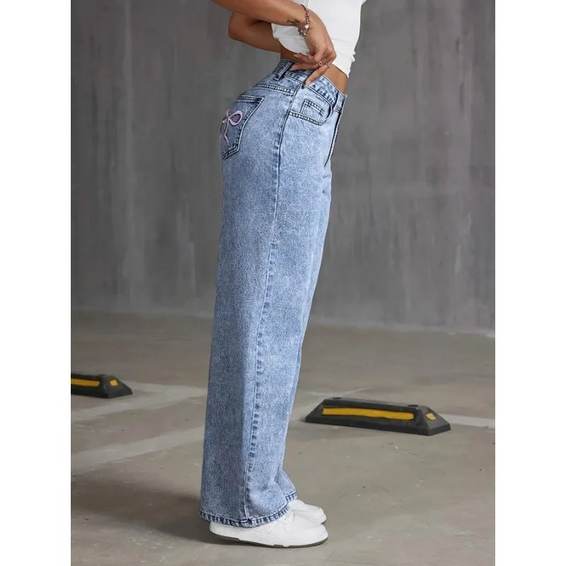 Denim Wide Leg Jeans High waisted  Bow Embroidered Pocket Wide Leg Jeans  Fashionable Women's Trousers Casual Style Denim Wide Leg Jeans High waisted  Bow Embroidered Pocket Wide Leg Jeans  Fashionable Women's Trousers Casual Style