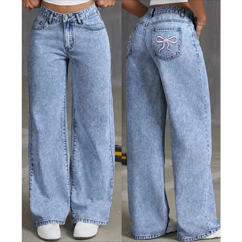 Denim Wide Leg Jeans High waisted  Bow Embroidered Pocket Wide Leg Jeans  Fashionable Women's Trousers Casual Style Denim Wide Leg Jeans High waisted  Bow Embroidered Pocket Wide Leg Jeans  Fashionable Women's Trousers Casual Style