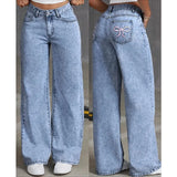 Denim Wide Leg Jeans High waisted  Bow Embroidered Pocket Wide Leg Jeans  Fashionable Women's Trousers Casual Style Denim Wide Leg Jeans High waisted  Bow Embroidered Pocket Wide Leg Jeans  Fashionable Women's Trousers Casual Style
