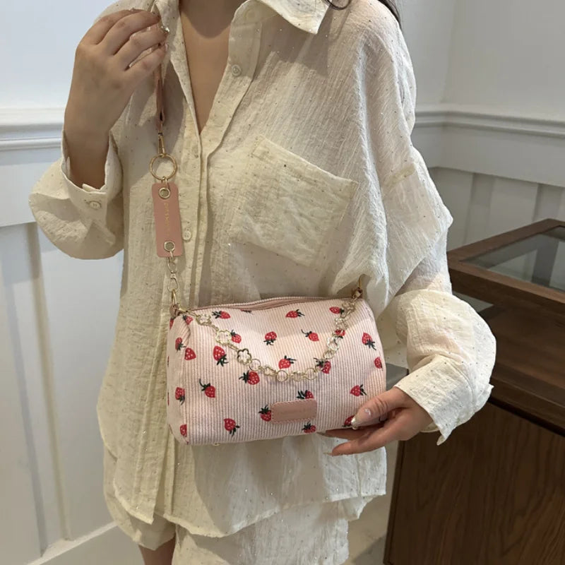 Strawberry Printed Crossbody Mini Bags Corduroy Fresh Ins Style Underarm Bag Refined Female Student Travel Shoulder Bag
