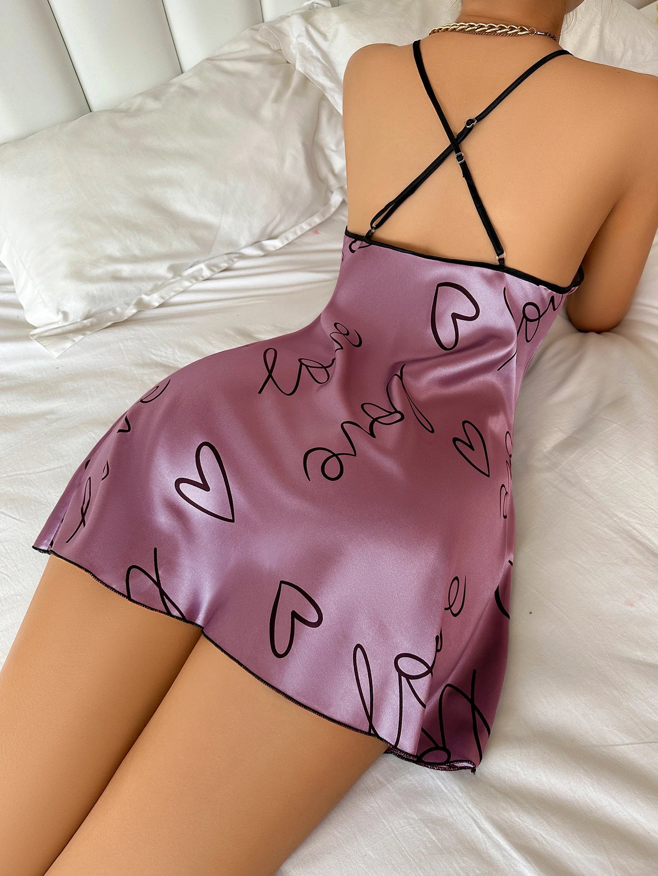 Women Summer Sexy Pajamas Sling Nightdress Open Back Criss Cross Sleep Dress Elegant Romantic Heart Print Sleeveless Sleepwear Women Summer Sexy Pajamas Sling Nightdress Open Back Criss Cross Sleep Dress Elegant Romantic Heart Print Sleeveless Sleepwear