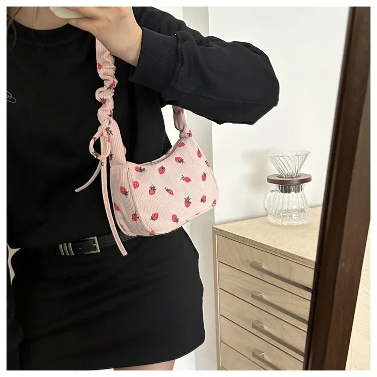 Women Small Underarm Bag Corduroy Handbag Cute Strawberry Print Little Tote Half Moon Design Eco Cloth Purse Mini Shoulder Bags Women Small Underarm Bag Corduroy Handbag Cute Strawberry Print Little Tote Half Moon Design Eco Cloth Purse Mini Shoulder Bags