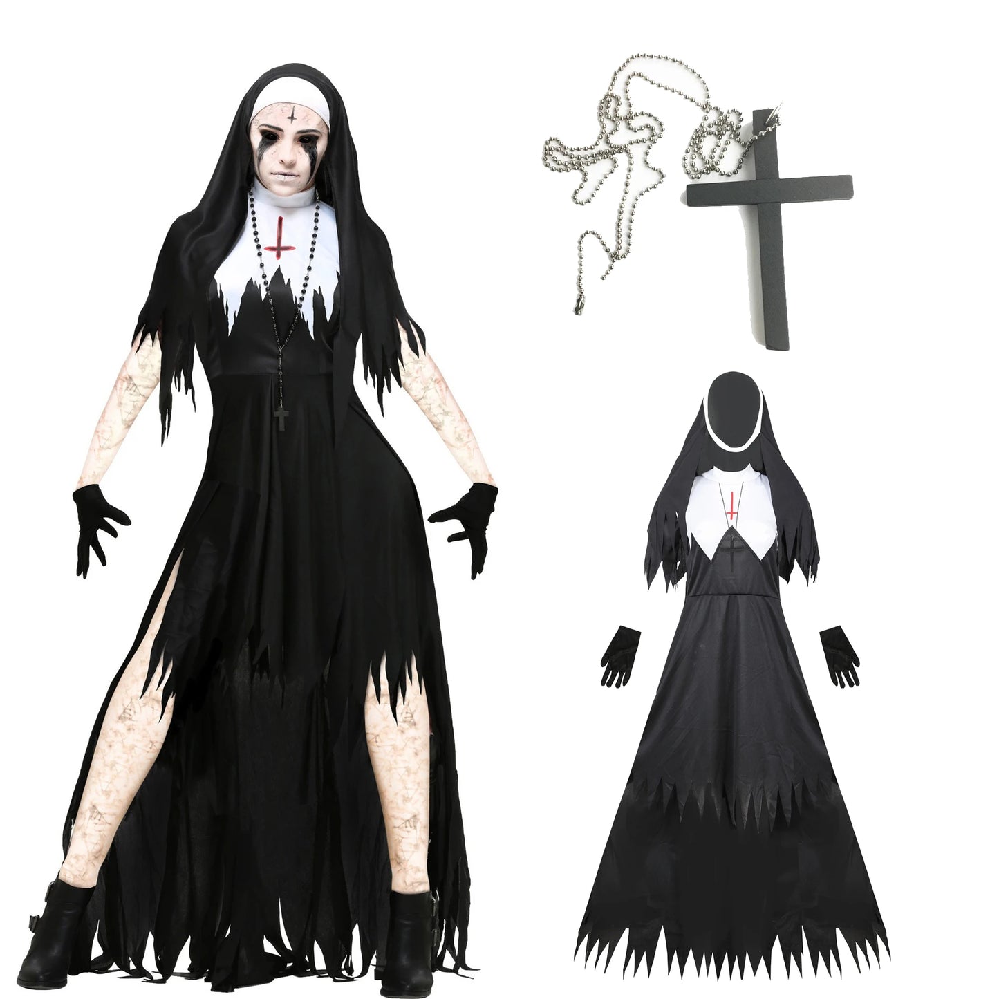 Halloween Nun Cosplay Costume Women Black Vampire Fantasy Dress Terror Sister Party Disguise Female Fancy For Adults