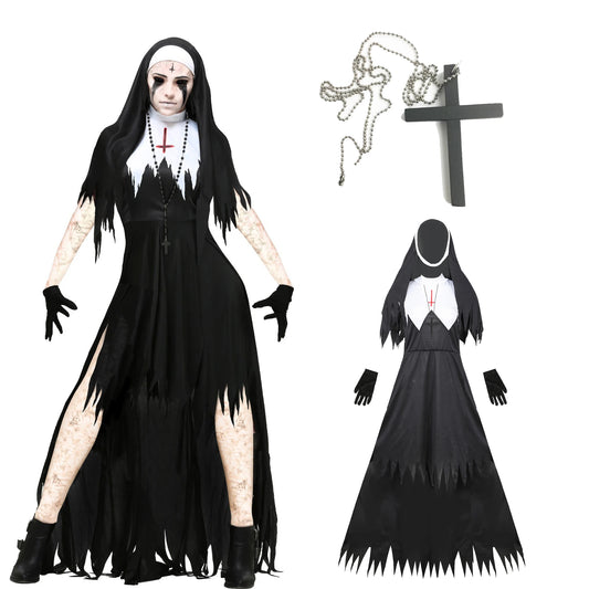 Halloween Nun Cosplay Costume Women Black Vampire Fantasy Dress Terror Sister Party Disguise Female Fancy For Adults