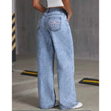 Denim Wide Leg Jeans High waisted  Bow Embroidered Pocket Wide Leg Jeans  Fashionable Women's Trousers Casual Style