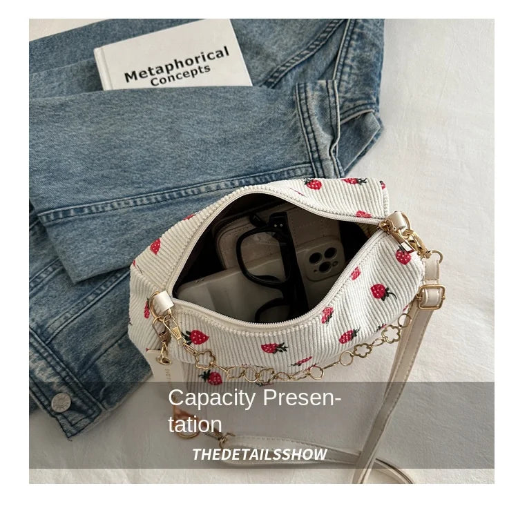 Strawberry Printed Crossbody Mini Bags Corduroy Fresh Ins Style Underarm Bag Refined Female Student Travel Shoulder Bag