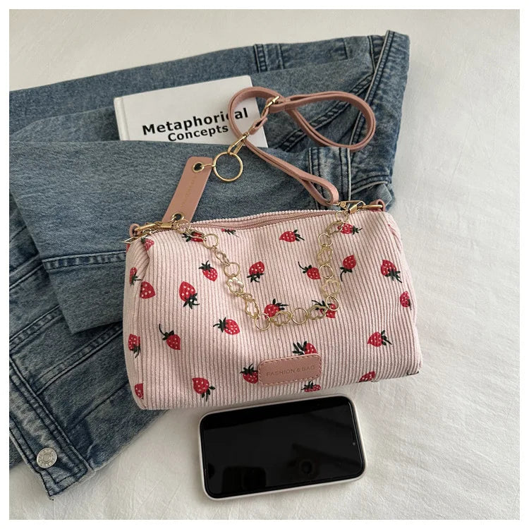 Strawberry Printed Crossbody Mini Bags Corduroy Fresh Ins Style Underarm Bag Refined Female Student Travel Shoulder Bag