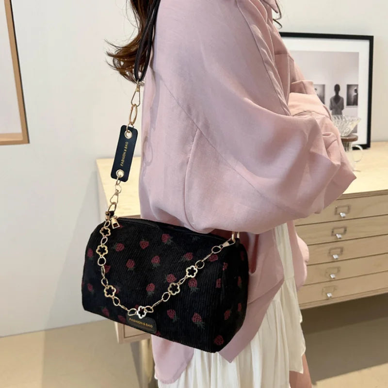 Strawberry Printed Crossbody Mini Bags Corduroy Fresh Ins Style Underarm Bag Refined Female Student Travel Shoulder Bag