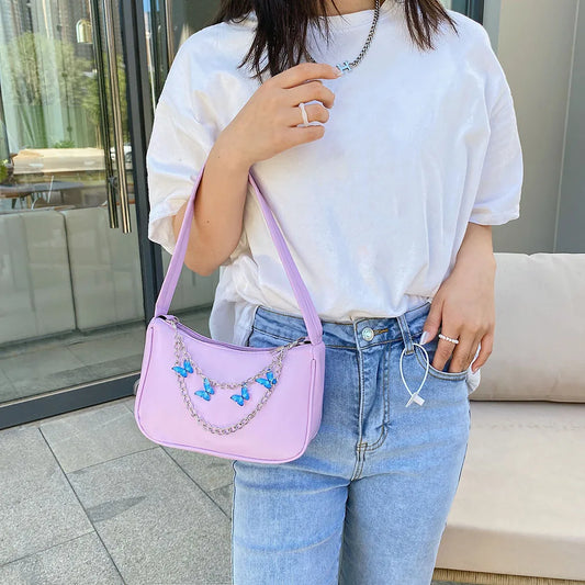 Vintage Women Butterfly Chain PU Small Shoulder Bag Solid Color Underarm Bags