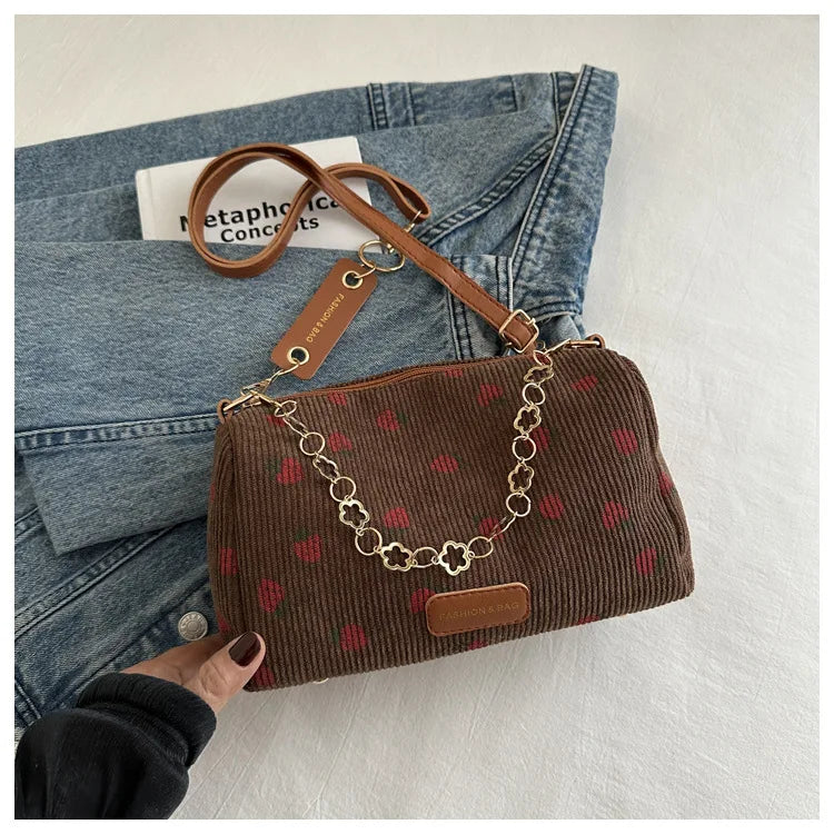 Strawberry Printed Crossbody Mini Bags Corduroy Fresh Ins Style Underarm Bag Refined Female Student Travel Shoulder Bag