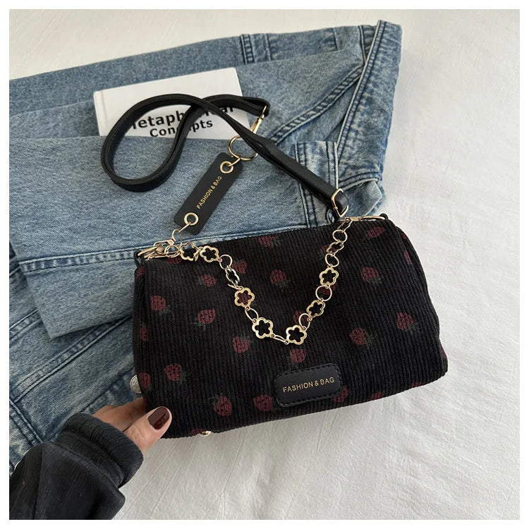 Strawberry Printed Crossbody Mini Bags Corduroy Fresh Ins Style Underarm Bag Refined Female Student Travel Shoulder Bag
