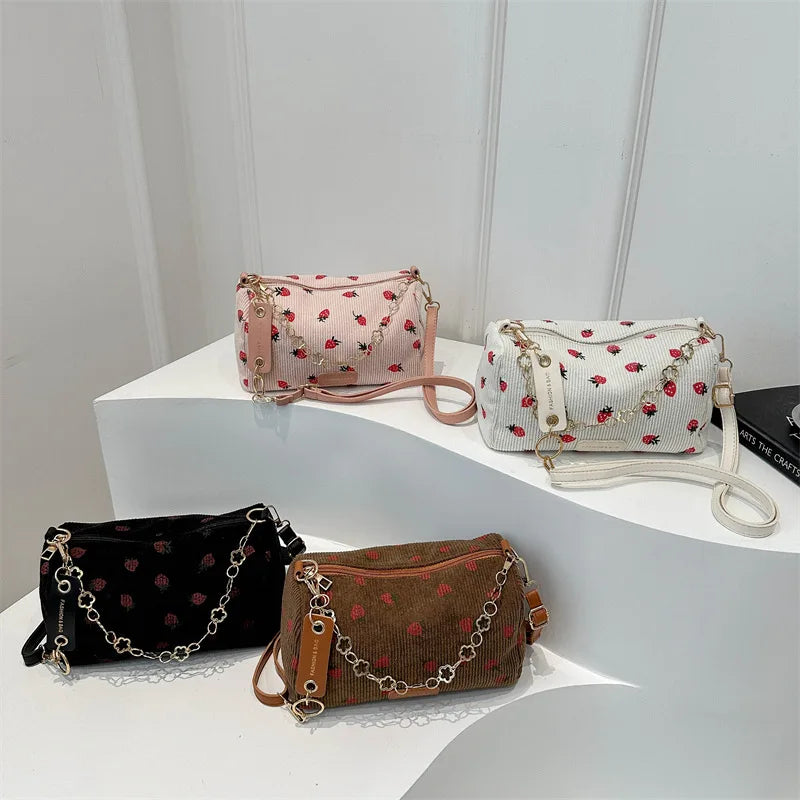 Strawberry Printed Crossbody Mini Bags Corduroy Fresh Ins Style Underarm Bag Refined Female Student Travel Shoulder Bag