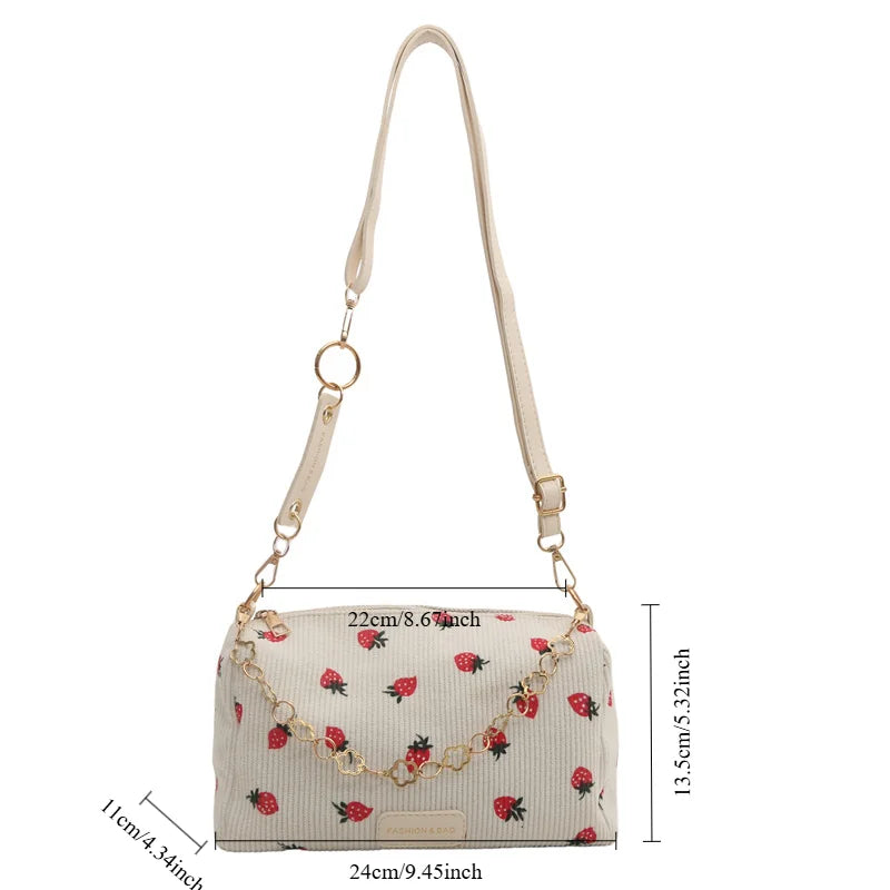 Strawberry Printed Crossbody Mini Bags Corduroy Fresh Ins Style Underarm Bag Refined Female Student Travel Shoulder Bag