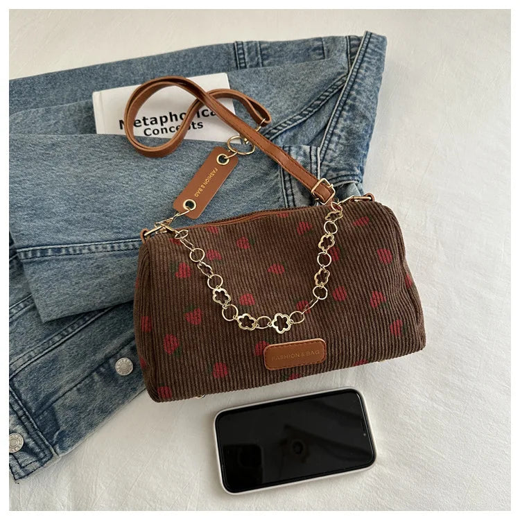 Strawberry Printed Crossbody Mini Bags Corduroy Fresh Ins Style Underarm Bag Refined Female Student Travel Shoulder Bag