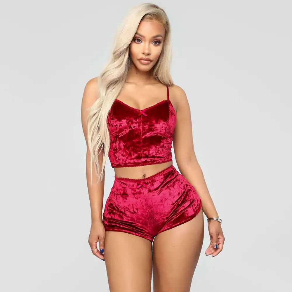 Pajamas Set Women Sexy Pink Red Silk Satin Velvet Pijamas Sleep Wear Robe Nightwear Sexy Lingerie  Sets Sleepwear