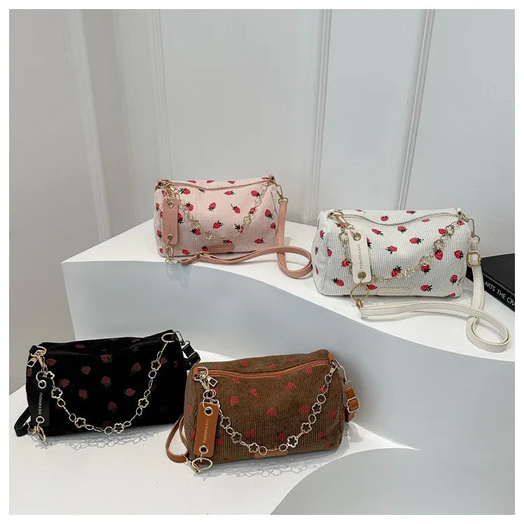 Strawberry Printed Crossbody Mini Bags Corduroy Fresh Ins Style Underarm Bag Refined Female Student Travel Shoulder Bag