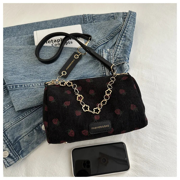 Strawberry Printed Crossbody Mini Bags Corduroy Fresh Ins Style Underarm Bag Refined Female Student Travel Shoulder Bag