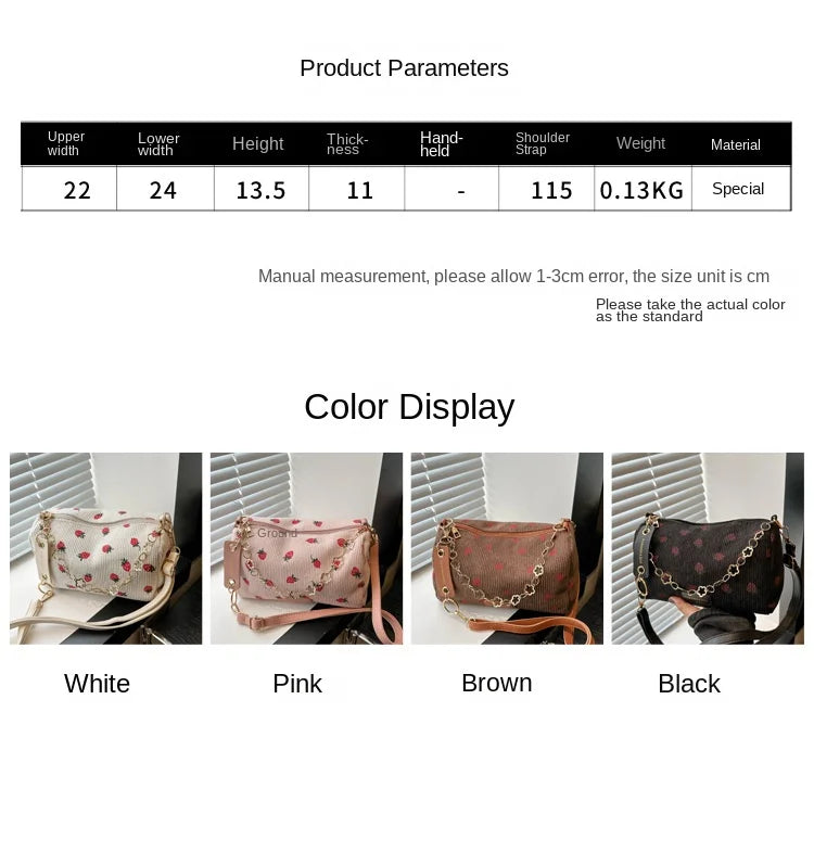 Strawberry Printed Crossbody Mini Bags Corduroy Fresh Ins Style Underarm Bag Refined Female Student Travel Shoulder Bag