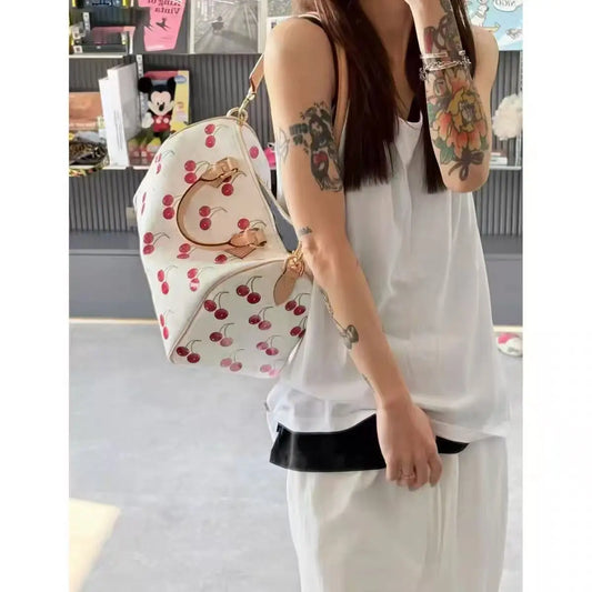 JIAERDI Large Capacity Cherry Cylindrical Handbag Women Sweet Cute Handle Pillow Bag Purse Female Retro Casual Crossbody Bags