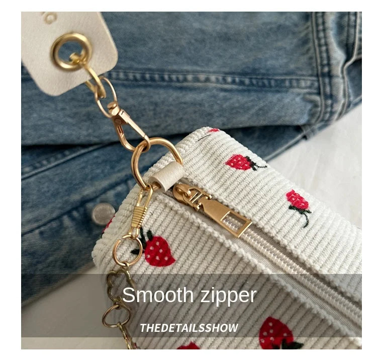 Strawberry Printed Crossbody Mini Bags Corduroy Fresh Ins Style Underarm Bag Refined Female Student Travel Shoulder Bag