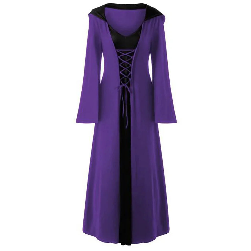 Halloween Medieval Dress for Women Vintage Hooded Cloak Robe Cosplay Costume Retro Scary Vampire Witch Carnival Disfraz Mujer