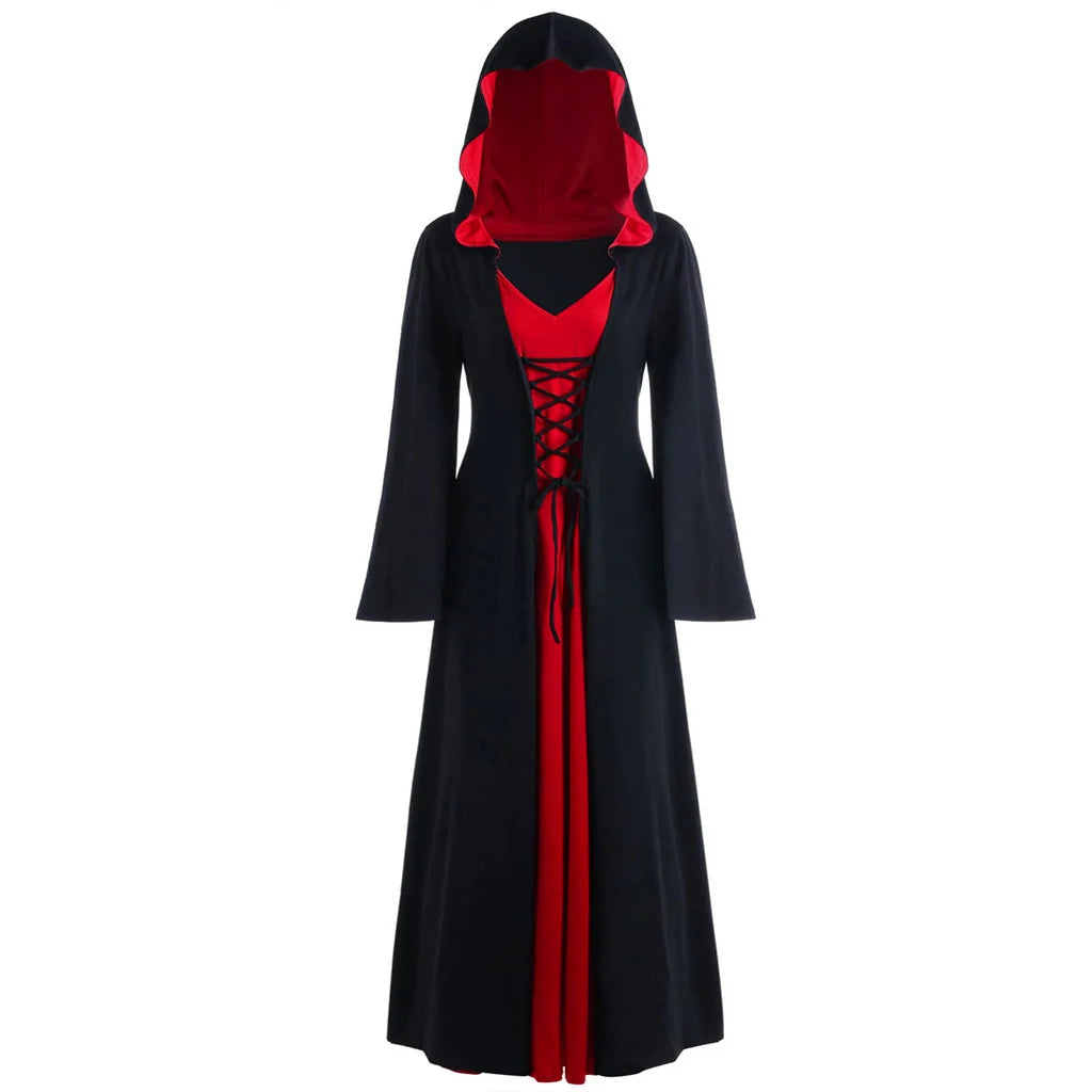 Halloween Medieval Dress for Women Vintage Hooded Cloak Robe Cosplay Costume Retro Scary Vampire Witch Carnival Disfraz Mujer