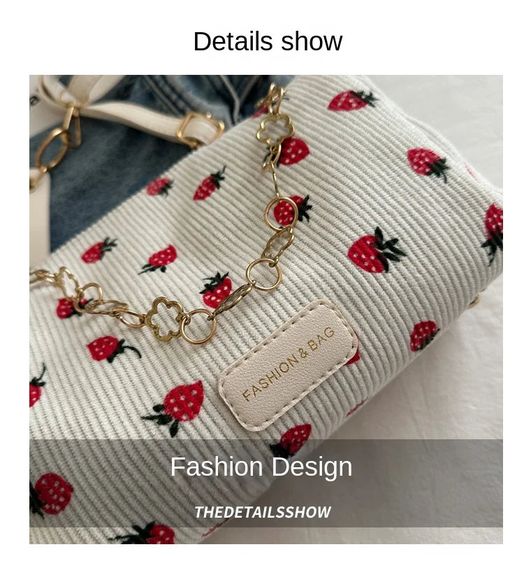Strawberry Printed Crossbody Mini Bags Corduroy Fresh Ins Style Underarm Bag Refined Female Student Travel Shoulder Bag
