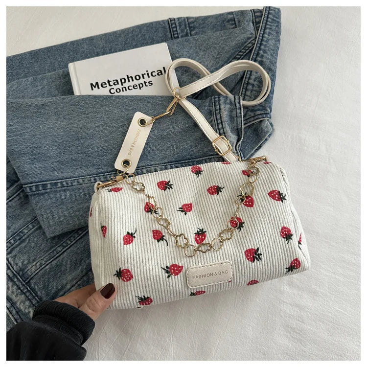 Strawberry Printed Crossbody Mini Bags Corduroy Fresh Ins Style Underarm Bag Refined Female Student Travel Shoulder Bag