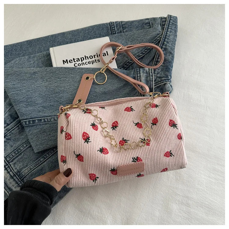 Strawberry Printed Crossbody Mini Bags Corduroy Fresh Ins Style Underarm Bag Refined Female Student Travel Shoulder Bag