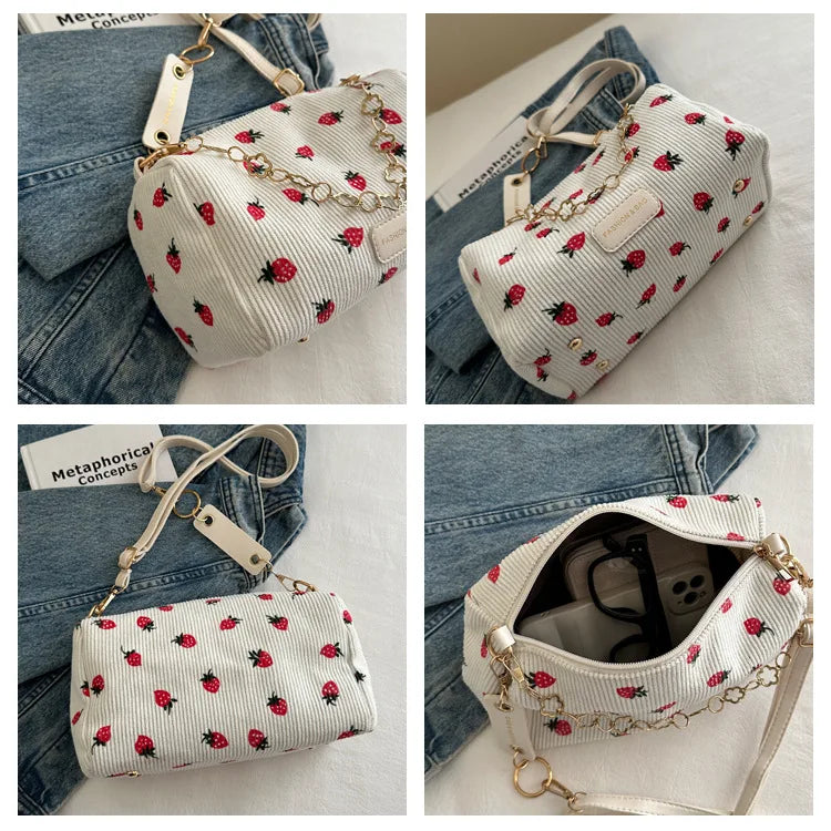 Strawberry Printed Crossbody Mini Bags Corduroy Fresh Ins Style Underarm Bag Refined Female Student Travel Shoulder Bag
