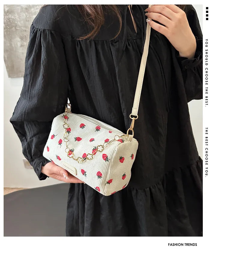 Strawberry Printed Crossbody Mini Bags Corduroy Fresh Ins Style Underarm Bag Refined Female Student Travel Shoulder Bag
