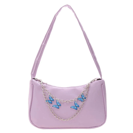 Vintage Women Butterfly Chain PU Small Shoulder Bag Solid Color Underarm Bags