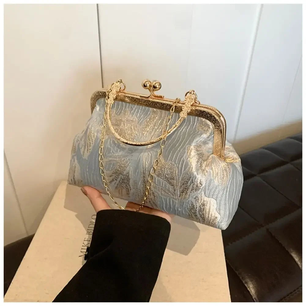 Gold Velvet Evening Bag Clutch Bag Women 2025 French Vintage Luxury Chain Purse Elegant Fashion Purse Wedding Party Handbag