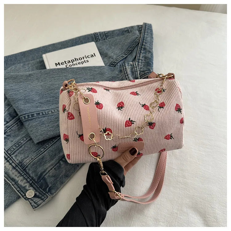 Strawberry Printed Crossbody Mini Bags Corduroy Fresh Ins Style Underarm Bag Refined Female Student Travel Shoulder Bag