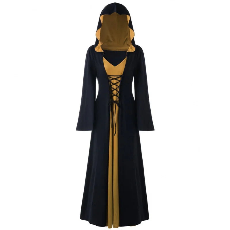 Halloween Medieval Dress for Women Vintage Hooded Cloak Robe Cosplay Costume Retro Scary Vampire Witch Carnival Disfraz Mujer