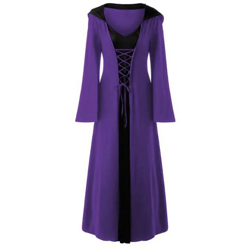 Halloween Medieval Dress for Women Vintage Hooded Cloak Robe Cosplay Costume Retro Scary Vampire Witch Carnival Disfraz Mujer