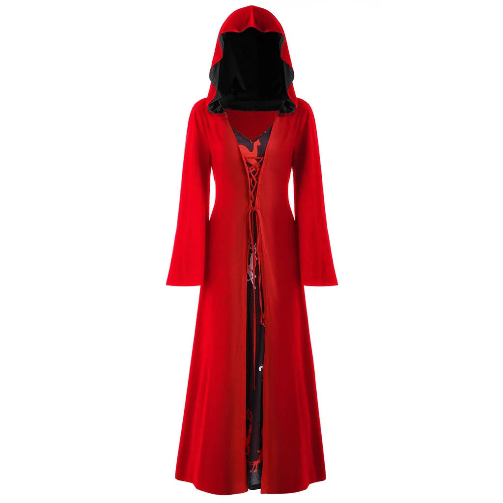 Halloween Medieval Dress for Women Vintage Hooded Cloak Robe Cosplay Costume Retro Scary Vampire Witch Carnival Disfraz Mujer